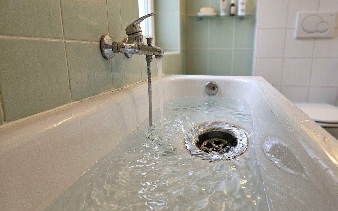Badewanne mit frei ablaufendem Wasser nach der Abflussreinigung, salbeigrüne Fliesen