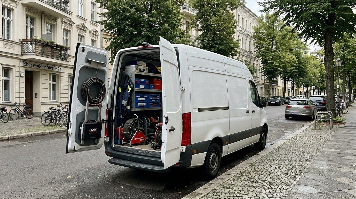 Einsatzfahrzeug mit Rohrreinigungs-Ausrüstung in einer Berliner Wohnstraße